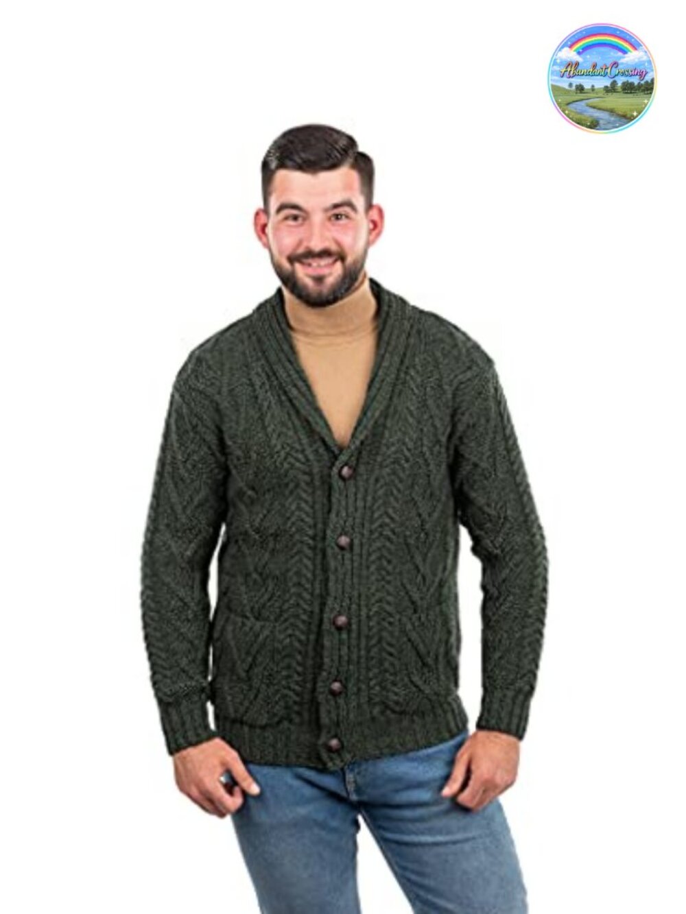 Merino Wool Men's Aran Cable Knit Shawl Collar Cardigan with Buttons and Pockets